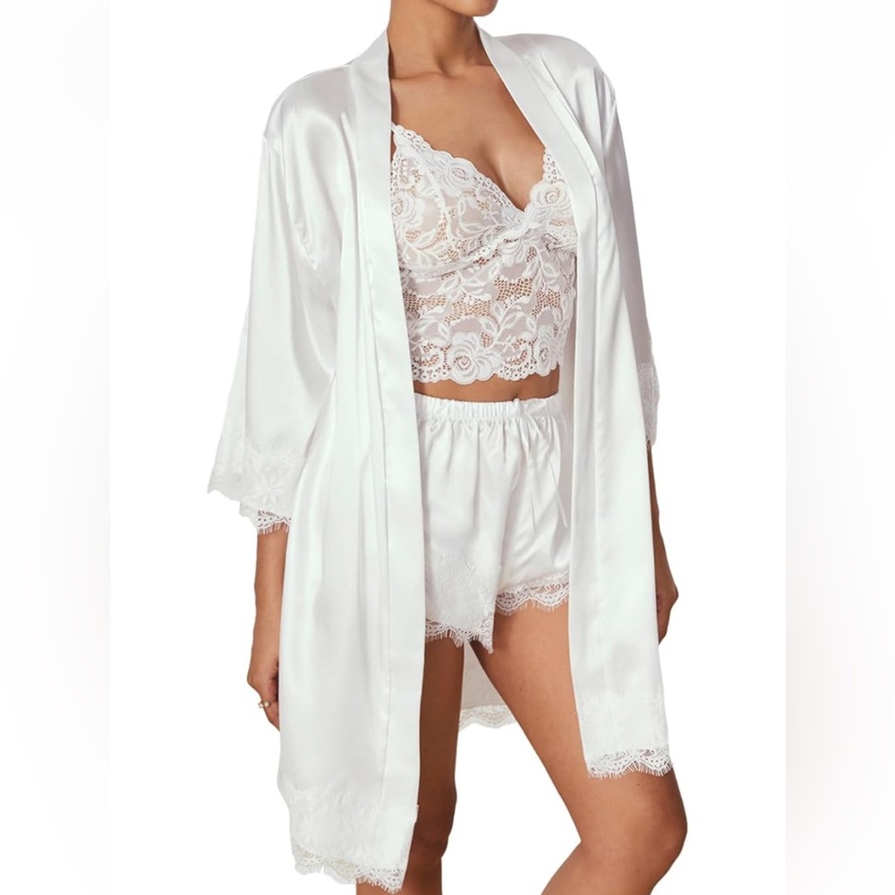 Women' White Silk Satin Pajamas Set 4pcs Lingerie with Robe - Picture 3 of 7